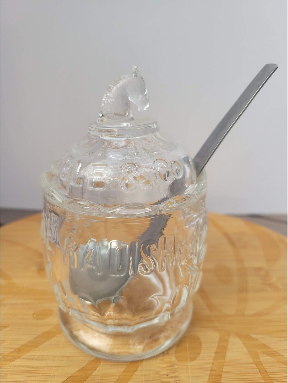 Vintage Heinz Glass Horseradish Condiment Jar Pot Horse Head Spoon Advertising